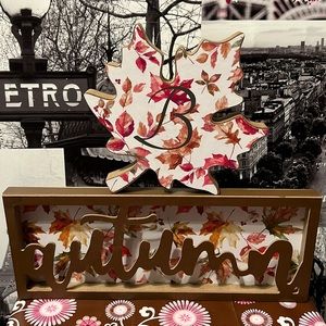 New Home Collection Fall/Autumn Leaves Shelf Sitter Decor Set with Initial “B”